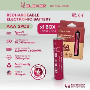 ELEXER Rechargeable Lithium-Ion AAA Battery – 800mWh (2-Pack)